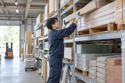 倉庫の高い棚から商品を取る社員（建材・資材販売の写真 No.42）