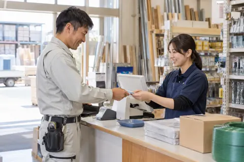 レジで会計をする職人のお客様と社員（建材・資材販売の写真 No.43）