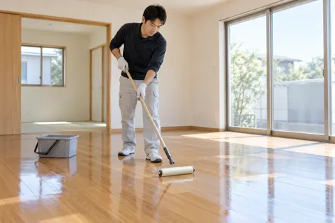 床にワックスをぬる職人（内装・クロス・大工の写真 No.40）