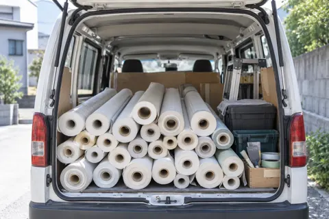 壁紙のロールが並んだ車の荷台（内装・クロス・大工の写真 No.43）
