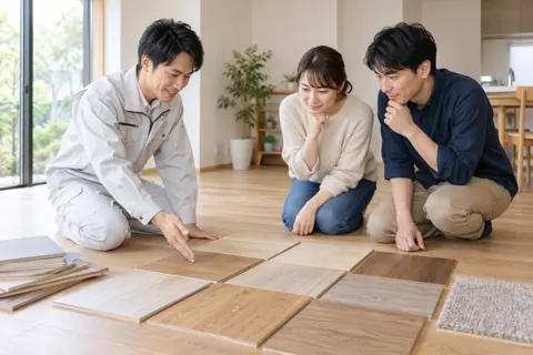 床の見本を並べてお客様と選ぶ社員（内装・クロス・大工の写真 No.44）