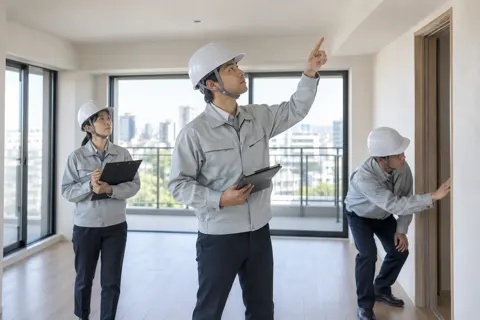完成前の検査で部屋を確かめる社員たち（総合建設・ビル・マンション・店舗・工場の写真 No.46）
