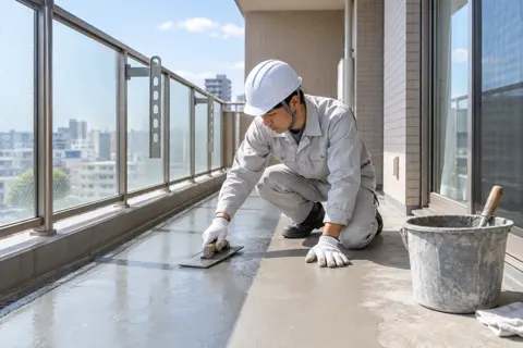 マンションのバルコニーの床を直す作業員（総合建設・ビル・マンション・店舗・工場の写真 No.58）