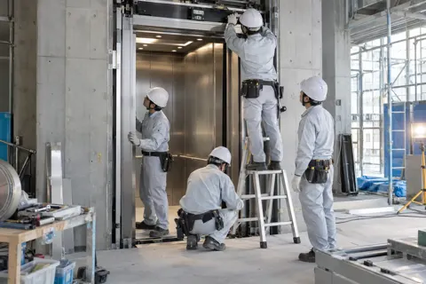 エレベーターをすえつける作業員たち（総合建設・ビル・マンション・店舗・工場の写真 No.61）