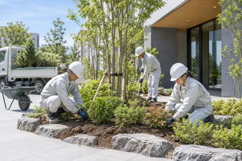 建物のまわりに植え込みを作る作業員たち（総合建設・ビル・マンション・店舗・工場の写真 No.64）