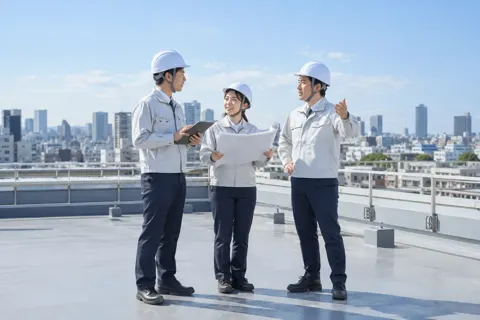 屋上で話すヘルメットをかぶった技術者たち（総合建設・ビル・マンション・店舗・工場の写真 No.70）
