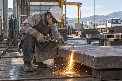 厚い鉄板をガスで切る作業員（鉄骨・板金・サッシ・専門工事の写真 No.56）