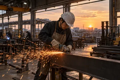 火花が散る夕方の工場（鉄骨・板金・サッシ・専門工事の写真 No.68）