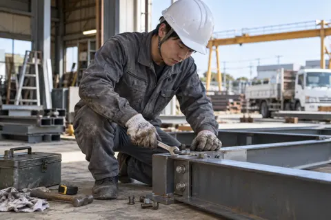 油のついた作業着と手ぶくろと工具（鉄骨・板金・サッシ・専門工事の写真 No.69）