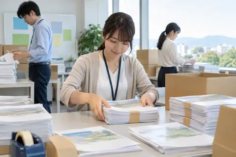 広報紙を机の上でたばねる職員（行政・公共・団体・組合の写真 No.19）