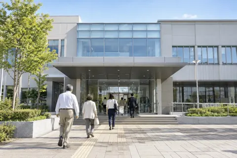 役場の建物と入口に向かう住民（行政・公共・団体・組合の写真 No.24）