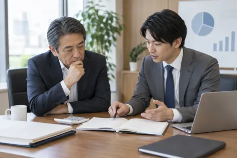 電卓と帳簿を見ながら相談する社長とコンサルタント（経営・各種コンサルの写真 No.19）