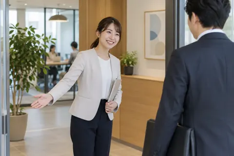 事務所の入口でお客様を迎えるスタッフ（経営・各種コンサルの写真 No.24）