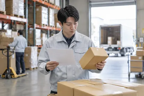 伝票と商品を見比べて確かめる社員（卸売・商社の写真 No.31）