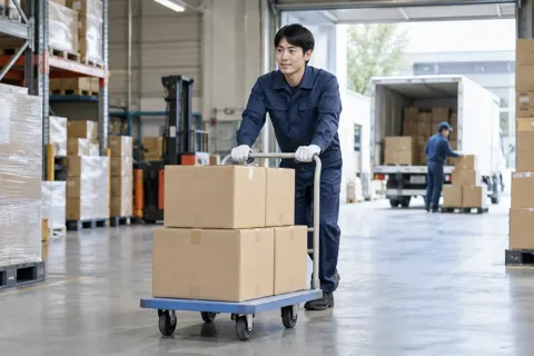 台車に箱を積んで運ぶ社員（卸売・商社の写真 No.32）