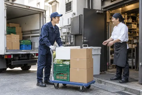 飲食店の裏口に商品をとどける配達の社員（卸売・商社の写真 No.35）