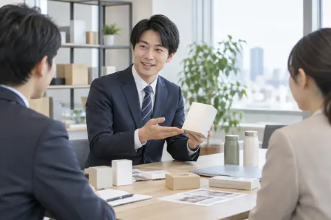 見本の商品を見せる営業の社員（卸売・商社の写真 No.38）