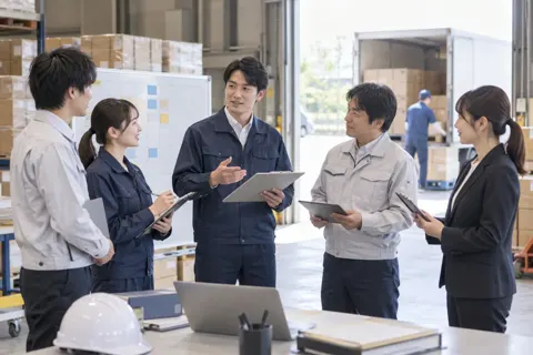 朝の打ち合わせをする社員たち（卸売・商社の写真 No.43）