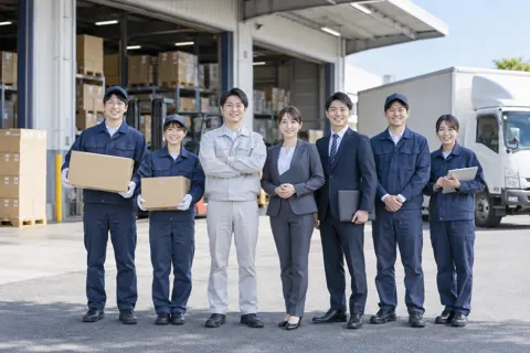 倉庫の前に並んだ社員の集合写真（卸売・商社の写真 No.47）