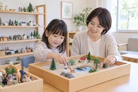 箱庭に小さな人形を置く子どもとカウンセラー（カウンセリング（心理相談）の写真 No.30）