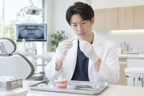 矯正の器具を調べる歯科医師（歯科の写真 No.35）