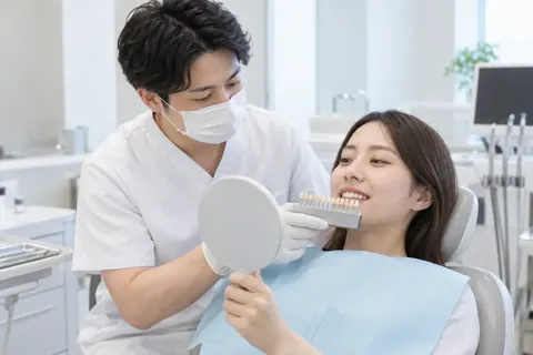 歯の色の見本を当てて見る歯科医師（歯科の写真 No.37）
