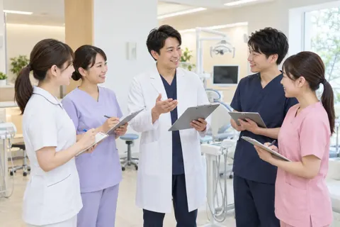 朝の打ち合わせをする歯科医師とスタッフたち（歯科の写真 No.46）