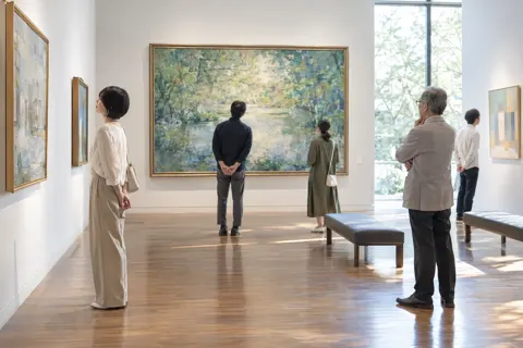 絵の前で立ち止まって見る来館者たち（美術館・ギャラリー・展示の写真 No.25）