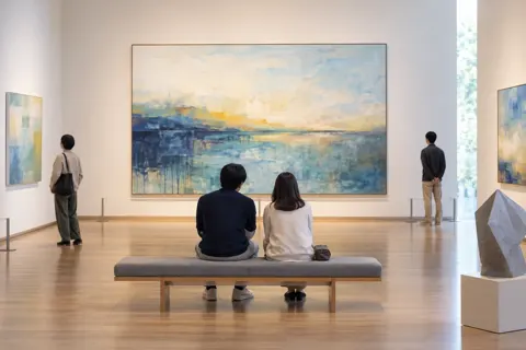 ベンチにすわって大きな絵をながめる来館者（美術館・ギャラリー・展示の写真 No.28）