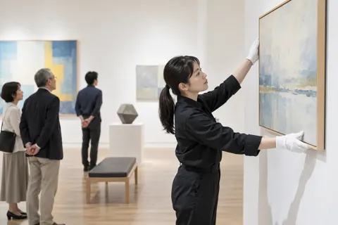 白い手ぶくろで額を壁にかけるスタッフ（美術館・ギャラリー・展示の写真 No.31）