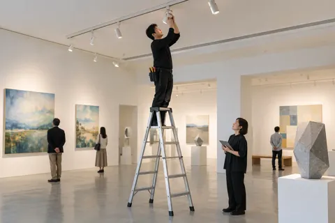 脚立にのって展示の照明を直すスタッフ（美術館・ギャラリー・展示の写真 No.33）