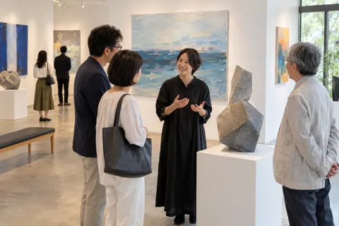 個展の初日にお客様を迎える作家（美術館・ギャラリー・展示の写真 No.36）