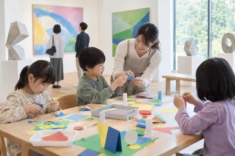 子ども向けの工作の教室で教えるスタッフ（美術館・ギャラリー・展示の写真 No.38）
