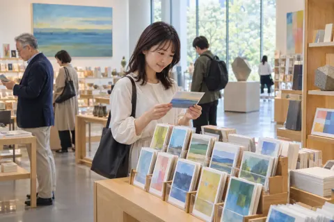 ミュージアムショップで絵はがきを選ぶ来館者（美術館・ギャラリー・展示の写真 No.41）