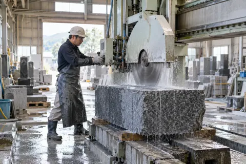 工場で大きな石を機械で切る石工（仏壇・墓石・供養の写真 No.25）