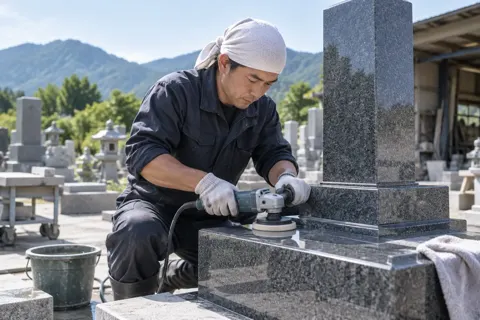 石の表面をみがく石工（仏壇・墓石・供養の写真 No.26）