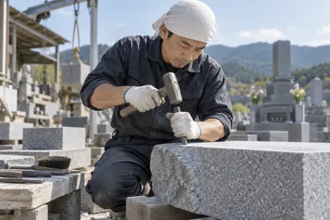 石の角をけずって形をととのえる石工（仏壇・墓石・供養の写真 No.28）