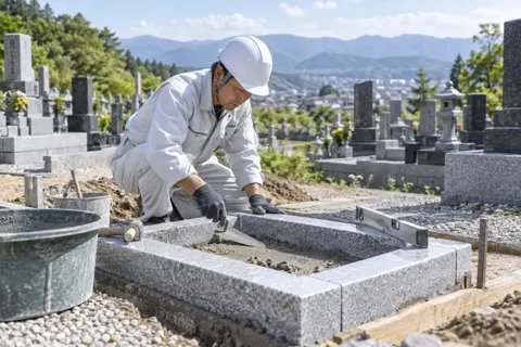 墓地の区画に基礎を作る石工（仏壇・墓石・供養の写真 No.32）