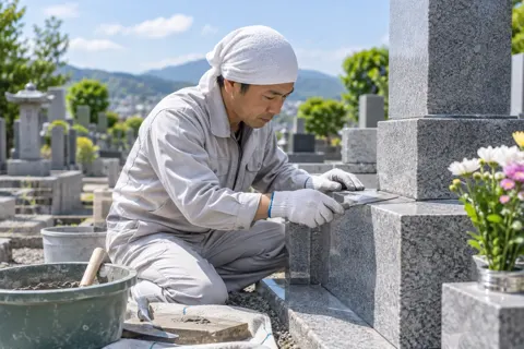 墓石の目地を直す職人（仏壇・墓石・供養の写真 No.34）