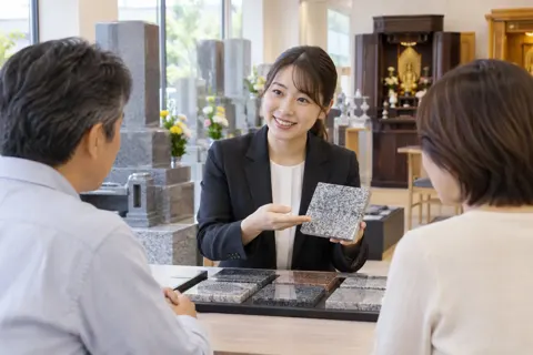 石の色見本を見せる店員（仏壇・墓石・供養の写真 No.40）