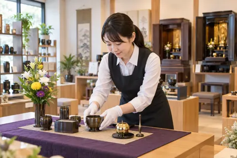 仏具を並べる店員（仏壇・墓石・供養の写真 No.43）