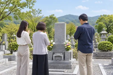 できあがったお墓に手を合わせる家族（仏壇・墓石・供養の写真 No.45）