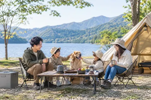 犬と一緒にキャンプをする家族（キャンプ場・グランピングの写真 No.30）