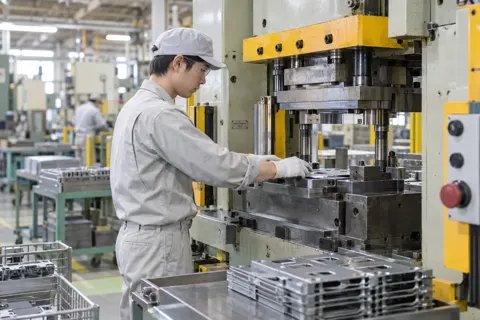 プレスの機械で金属の部品を作る作業員（電子部品・電機の写真 No.56）