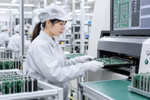 基板を検査の機械に入れる検査員（電子部品・電機の写真 No.59）