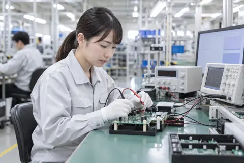 製品に電気を通して動きを確かめる検査員（電子部品・電機の写真 No.61）