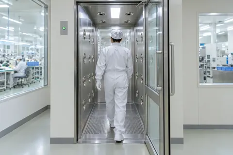 エアシャワーの部屋を通る作業員（電子部品・電機の写真 No.62）