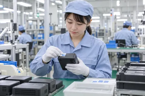 製品にシールをはる作業員（電子部品・電機の写真 No.64）
