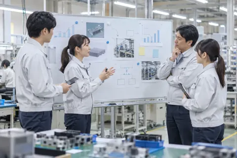 ホワイトボードの前で改善の話し合いをする作業員たち（電子部品・電機の写真 No.68）