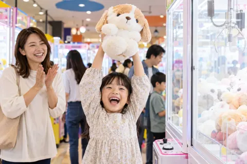 景品を取って喜ぶ子ども（ゲームセンター・ボウリング・ビリヤードの写真 No.22）